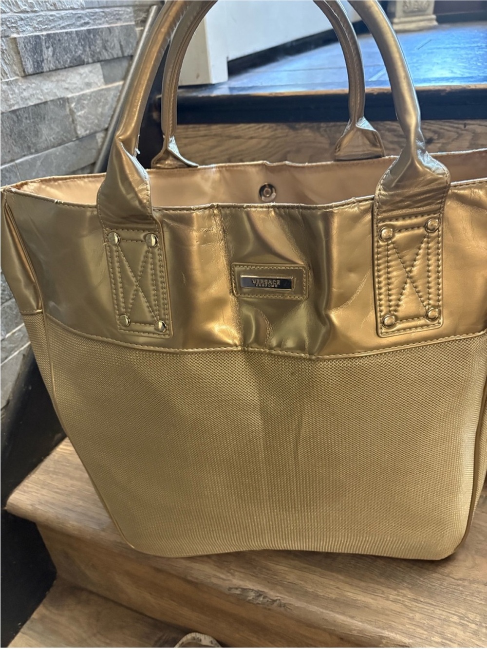 Versace Metallic Gold Two-Tone Tote Bag